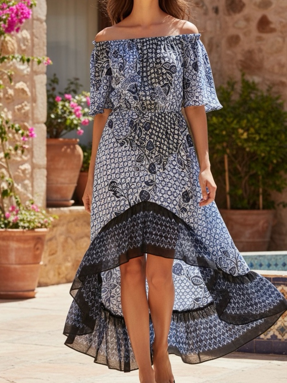 Nine West Blue and White Printed Off-Shoulder Maxi